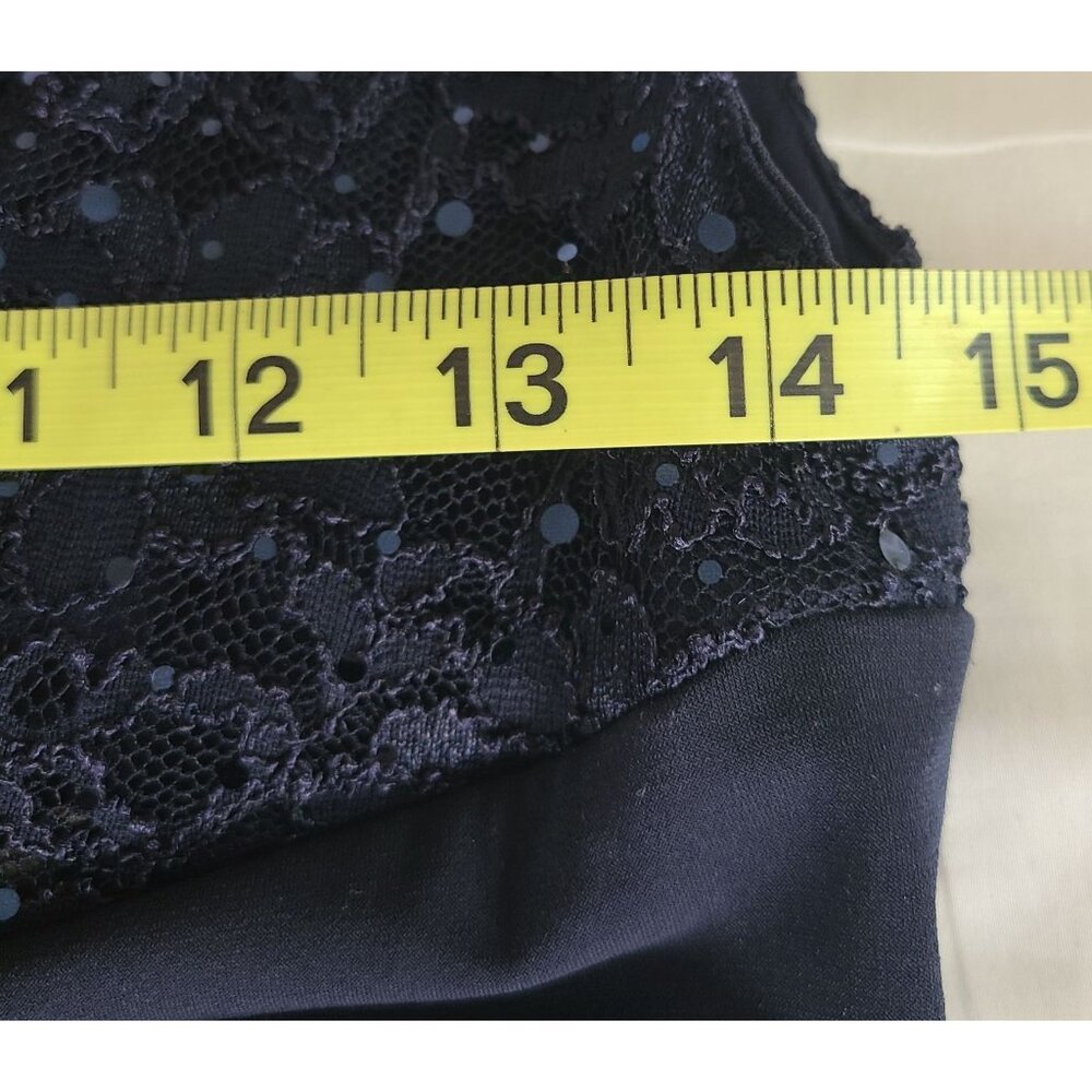 Navy Sequence Eyelash Faux Wrap Cocktail Dress Lace Bodice Sheath Dress Size 10P - Picture 7 of 9